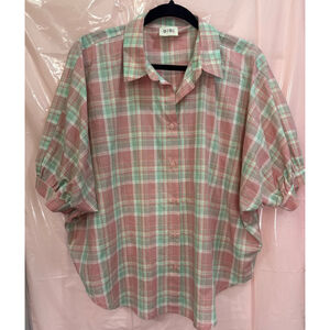 Women's BIBI Pink Green Plaid Button Down Shirt